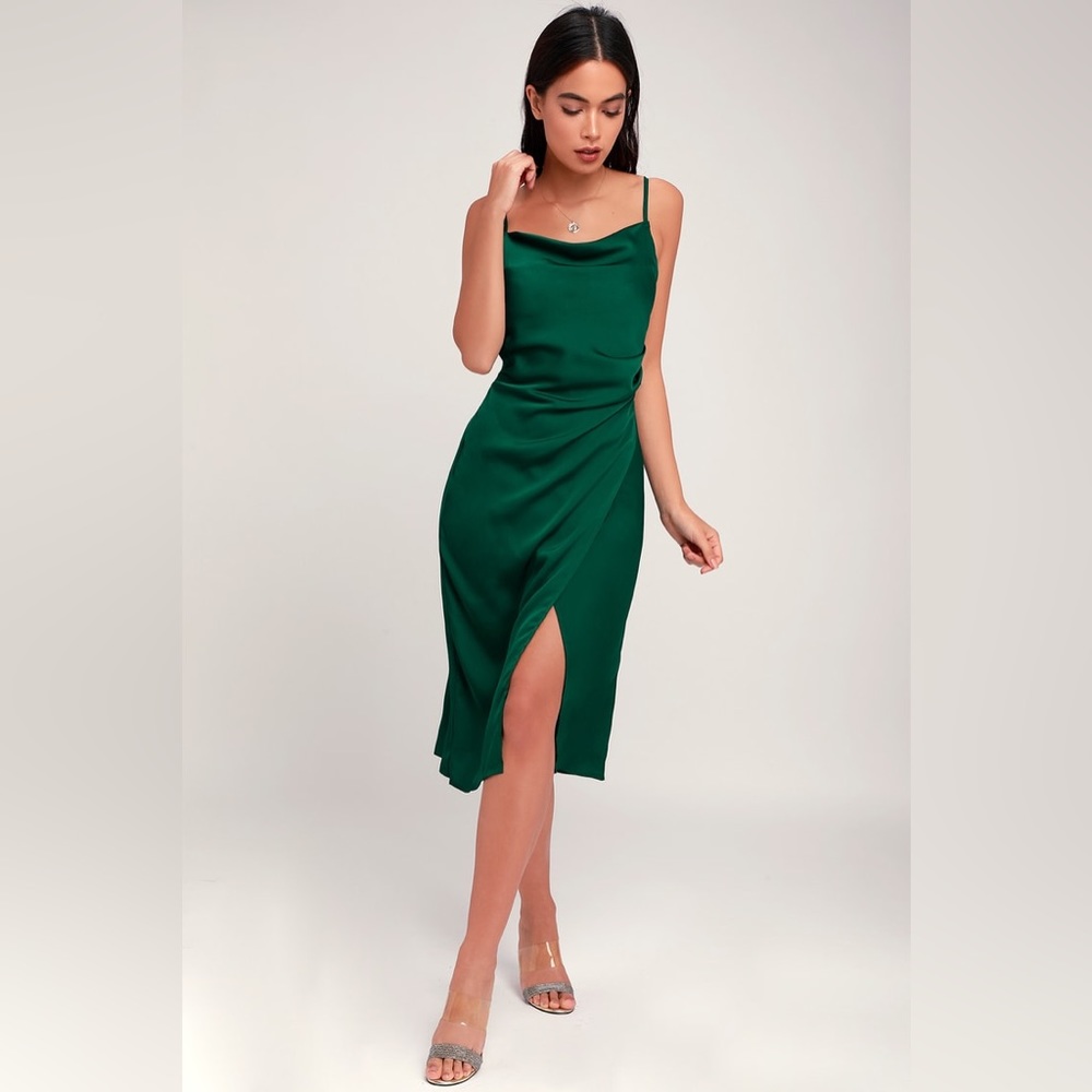 Lulus Hollywood Woman Forest Green Satin Midi Dress size Medium